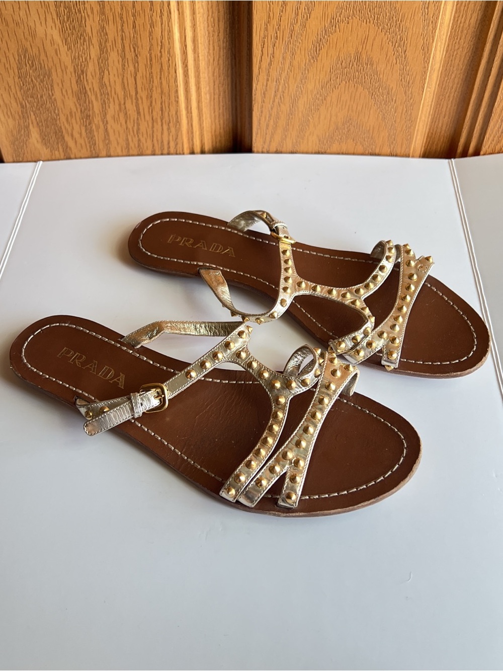 Prada Studded Leather Sandals EU 38 Gold Brown Strappy Resort Gladiator Summer